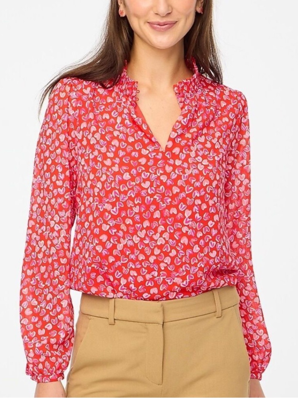 J. Crew | Women’s Red/Multi Heart Pattern Smock Neck Front Keyhole Opening Top S